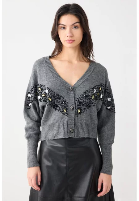 Жилетка с мъниста и декоративни камъни - Черен/Сив меланж