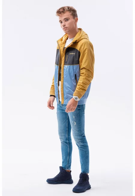 Зимно яке с цип и дизайн с цветен блок - Син/Тъмножълт