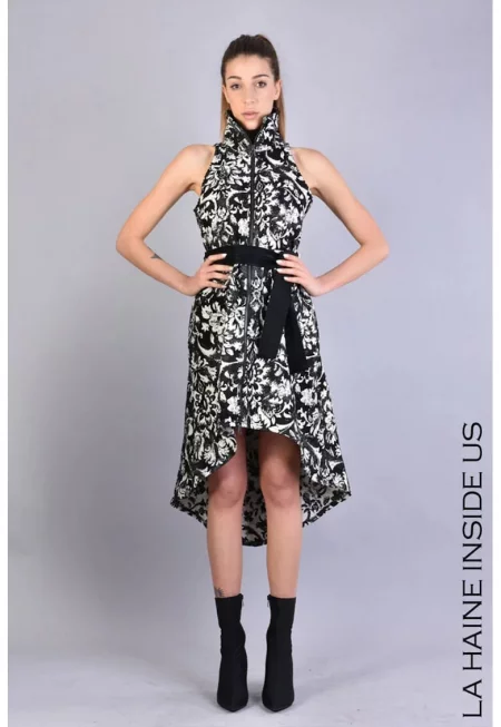 Asymmetrical Sleeveless Midi Dress With Floral Pattern - Черен