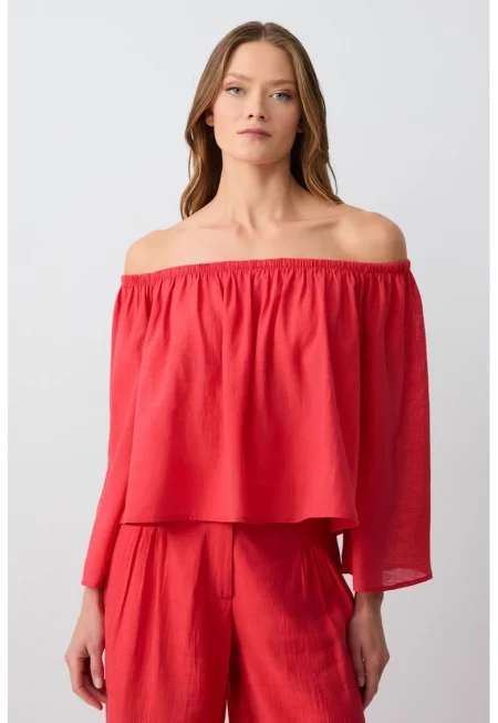 Блуза с голо рамо - Аленочервен