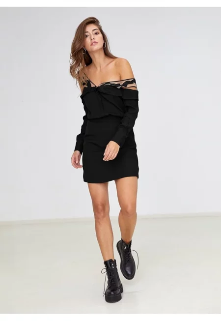 Camasa din vascoza cu umeri decupati si tulle cu broderie Reveal - Черен