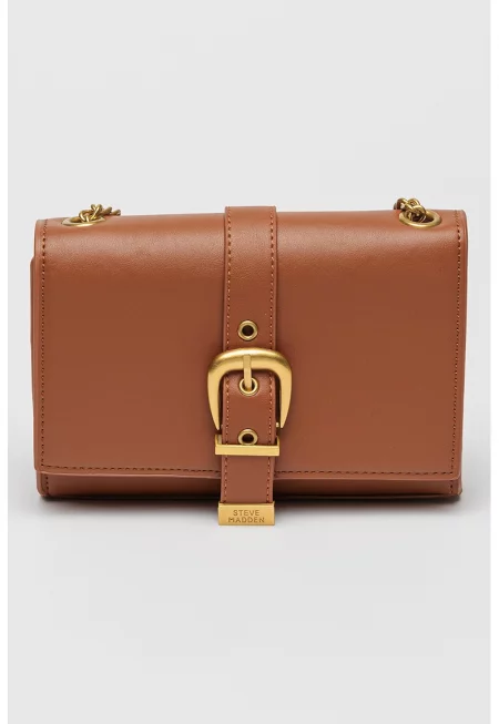 Чанта през рамо от еко кожа с презрамка-верижка - Канелено кафяво