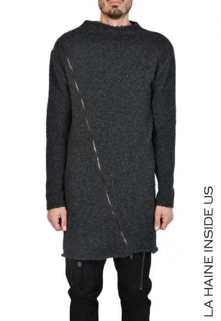 Дълъг извънгабаритен пуловер - плетен с диагонален цип - Сив