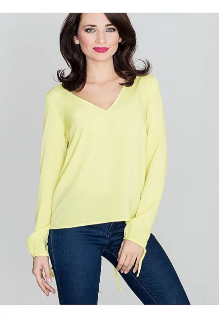 Дамска блуза - Ленитиф - дълъг ръкав - ниско деколте - жълта - полиестер
