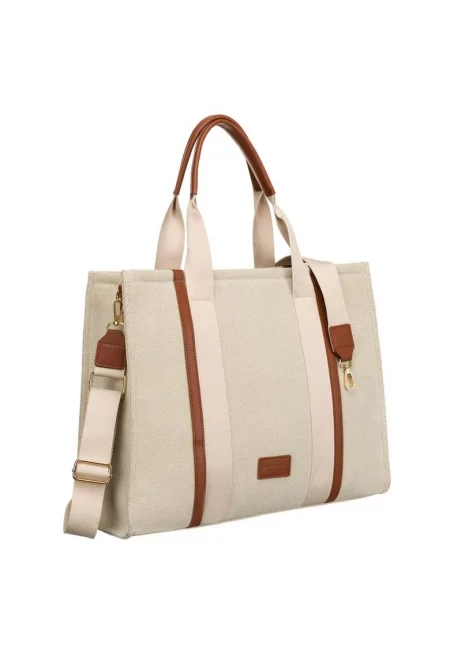 Дамска чанта тип тоут -  бежова - със златни детайли - от естествена кожа и полиамид - с дръжки и регулируема презрамка