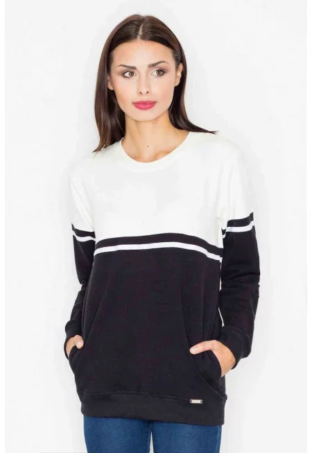 Дамски суитшърт  памучен - черен/екрю - дълъг ръкав - без качулка