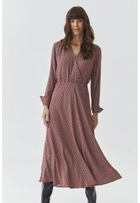 Десенирана шпиц рокля - Бордо/Бежов/Син