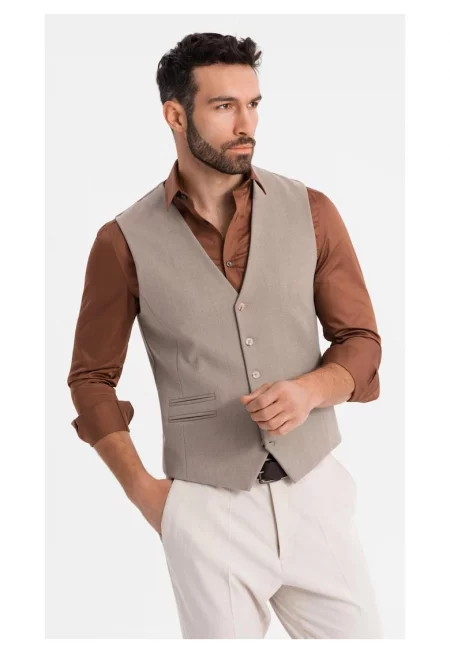 Елек за костюм с класически детайли и подплата  OM-BLZV-0142 - Бежов