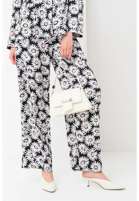 Флорален панталон с широк крачол - Бял/Черен/Праскова
