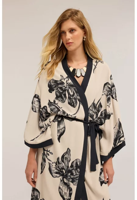 Флорално кимоно - Черен/Крем