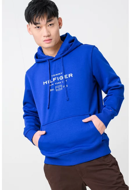 Худи с лого и джоб кенгуру - Кралско Синьо/Бял