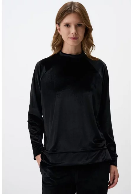 Кадифен суитшърт с овално деколте - Черен