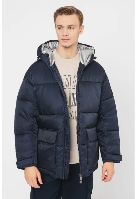 Капитонирано зимно яке с вата и качулка - Тъмносин