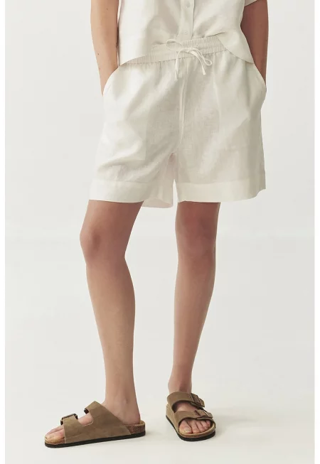 Къс панталон от лен Sevilla с връзка - Бял