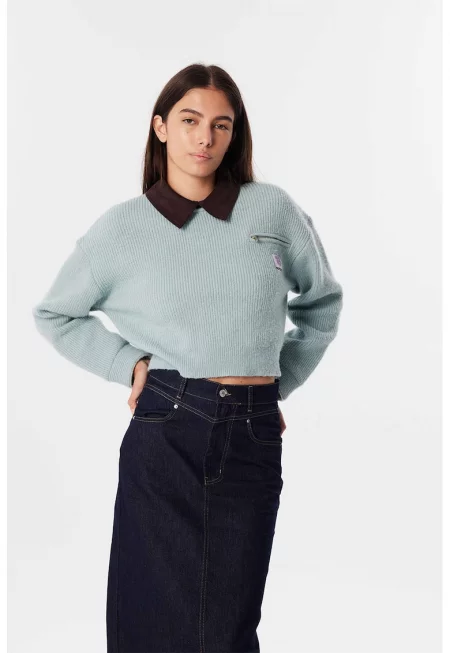 Къс рипсен пуловер - Ментово зелено