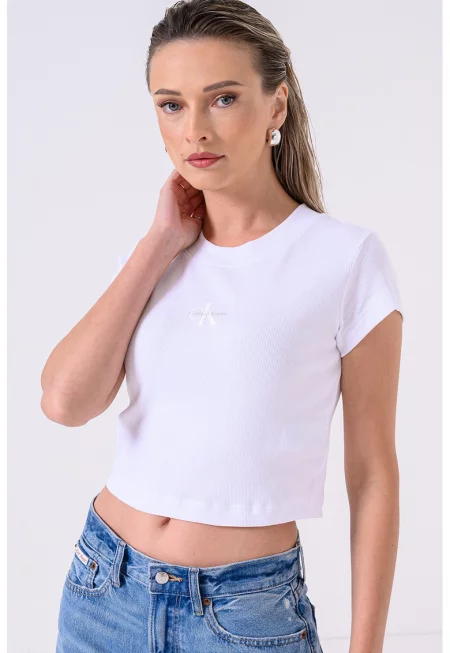 Къса тениска с рипс - Бял