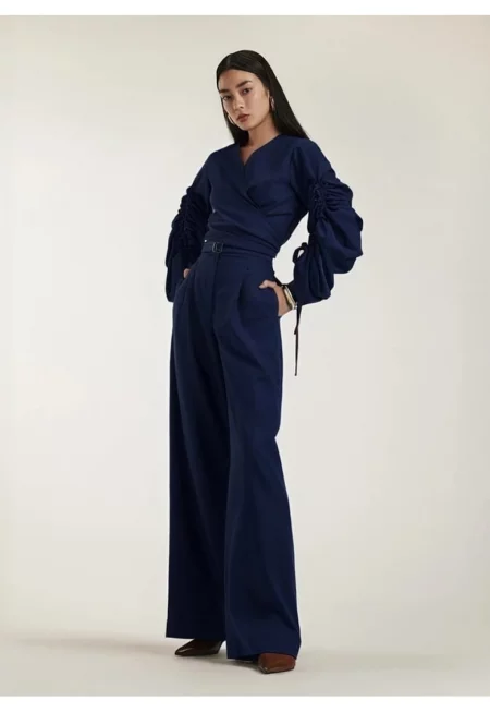 Комплект блуза и дълъг панталон Renata - Кафяв - Индигово синьо