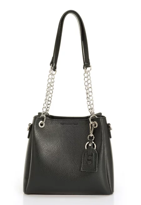 Кожена чанта с дръжки тип верижка - Черен