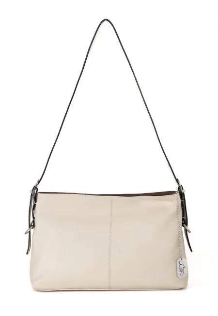 Кожена чанта за рамо с лого - Светло бежово