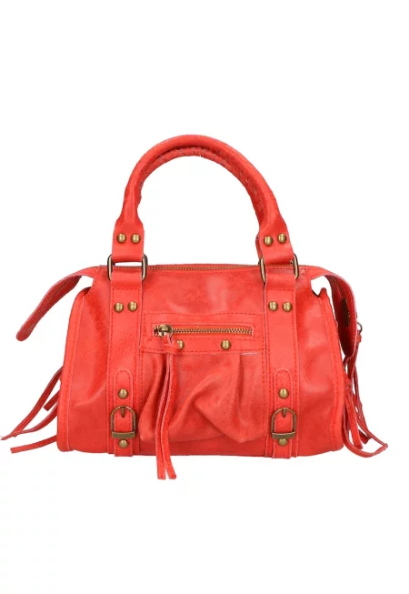 Кожена ръчна чанта с джобове с цип - Червен