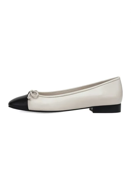 Кожени пантофки с панделка - Черен/Мръснобял