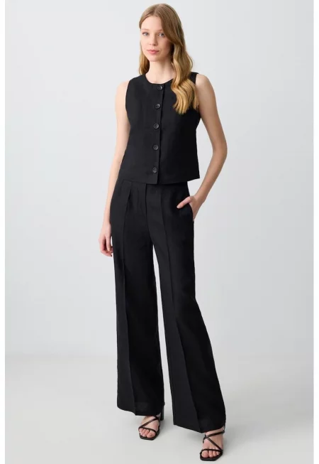 Ленен панталон с широк крачол - Избеляло черно