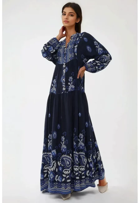 Макси рокля -  щампа - дълъг ръкав - синя - вискоза