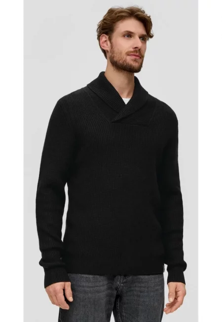 Мъжки плетен пуловер с шал яка - смес памук и вълна -  черен