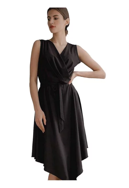 Миди рокля - Ленитиф - Черна - Без ръкави - С декоративен колан - Полиестер/Еластан
