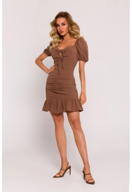 Мини рокля с връзка на деколтето -  Тъмнокафява -