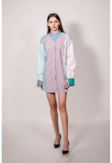 Памучна рокля тип риза с цветен блок - Многоцветен