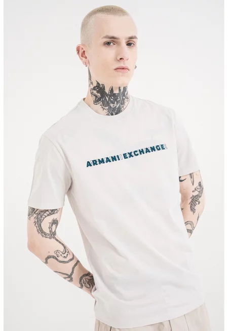 Памучна тениска с надписи - Светло сив/Петролно синьо