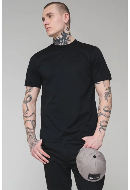 Памучна тениска с овално деколте - Черен