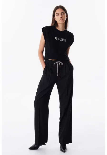 Панталон с широк крачол и регулируема талия - Избеляло черно