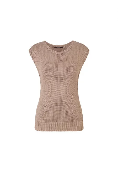Плетена жилетка с кръгло деколте - Кафяв
