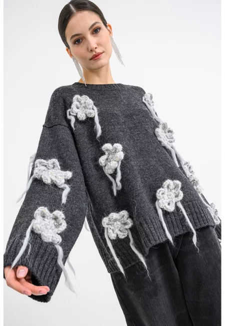 Пуловер с вълна с флорални детайли - Светлосив меланж/Антрацитно сиво