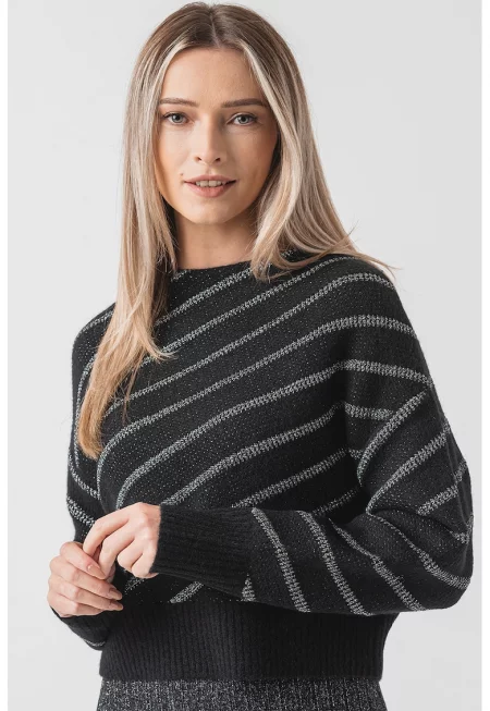 Раиран пуловер Vega с паднали ръкави - Черен/Сребрист