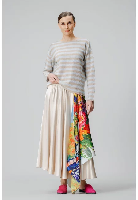 Раирана блуза с паднали ръкави - Бял/Бежов