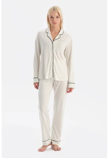 Раирана пижама с памук и модал - Слонова кост/Черен