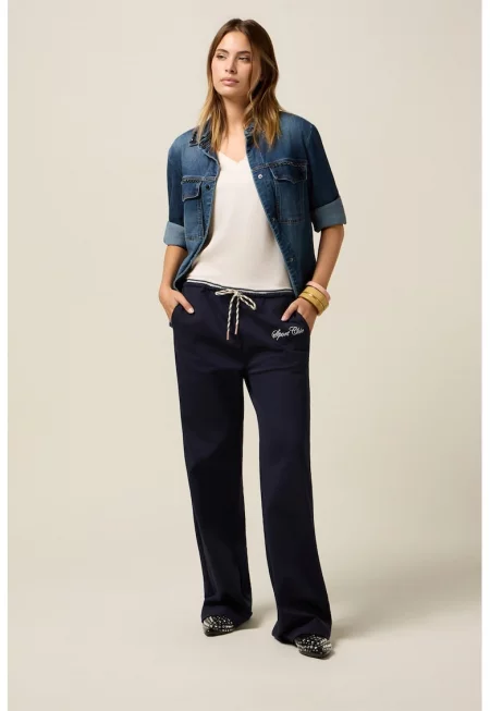 Разкроен панталон с връзка - Тъмносин