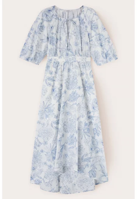 Разкроена миди рокля с десен - Бял/Пастелносин