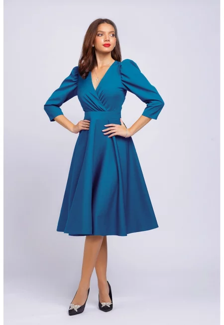 Разкроена рокля с бухнали ръкави - Петролно синьо