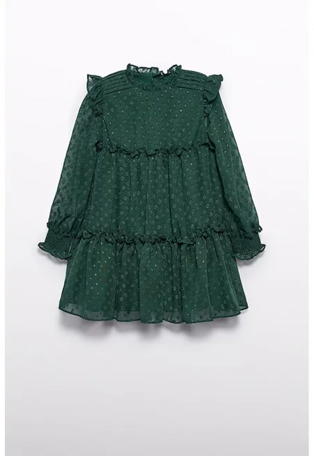 Разкроена рокля с набирания - Тъмнозелен
