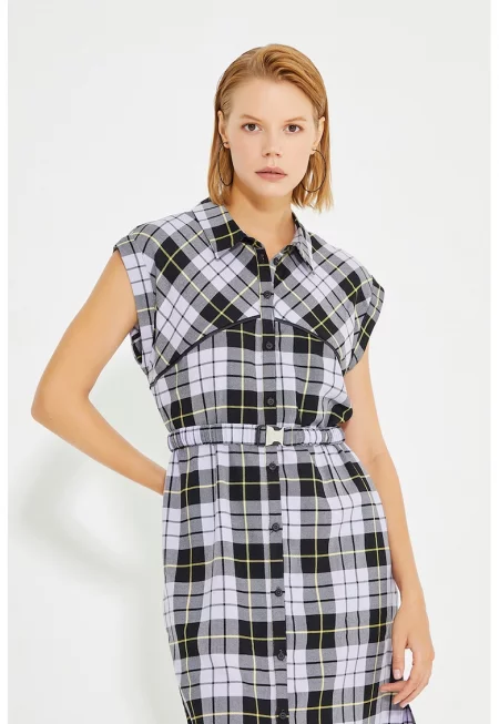 Рокля на каре с колан - Черен/Лилав