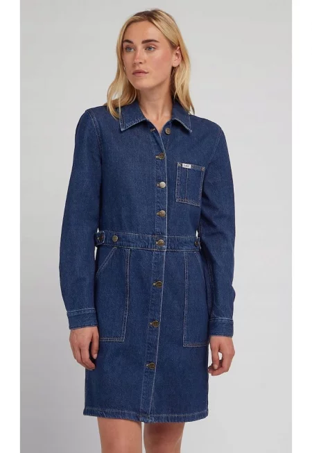 Рокля  Workwear Mid Cascade - памук - синя - къс ръкав - цип и копчета -