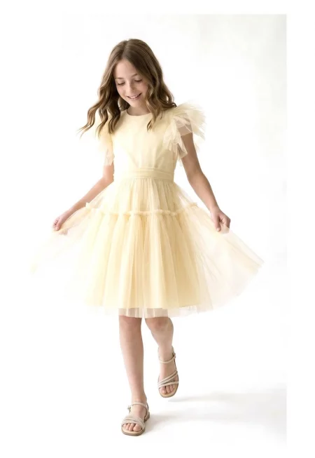 Рокля за момичета - ZOYA Fashion - Paola - Памук - Елегантна - Разкроена - Жълта - Жълт