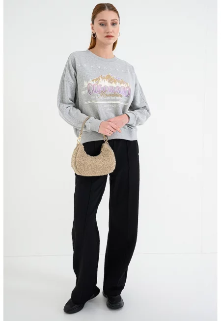 Суитшърт Eland с графика - Сив меланж/Лилав