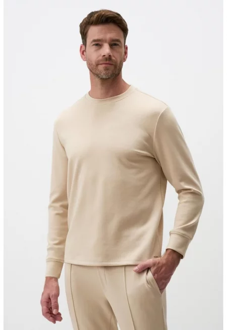 Суитшърт с модал с овално деколте - Светло бежово