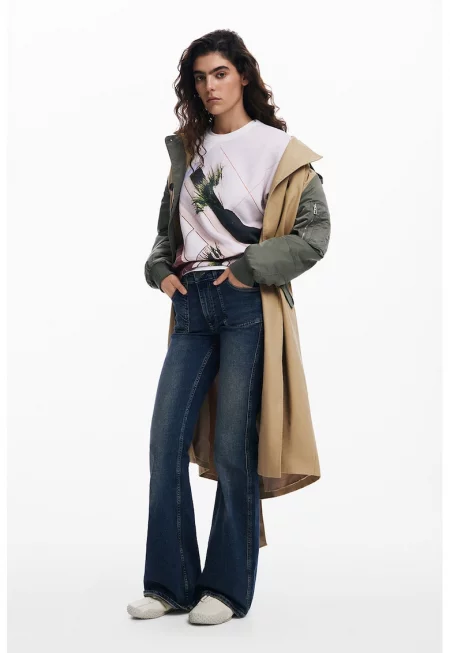 Суитшърт с овално деколте и шарка - Избеляло черно/Мръснобял/Папратово зелено