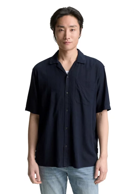 SUPERDRY - Риза с лен с къси ръкави и джоб - Ултрамарин синьо